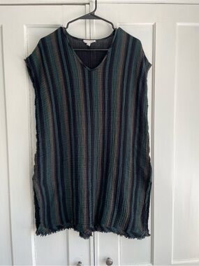 Eileen Fisher Top Organic Cotton Swim Cover Up Striped V Neck Textured Tunic S/M
